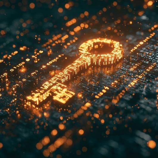 A glowing encryption key floating within a stream of binary code