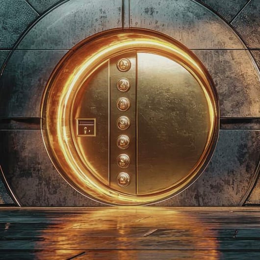 Futuristic vault entrance illuminated with golden light