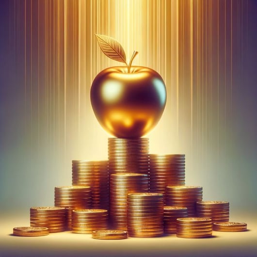 GenAI image; Gold apple on pile of coins