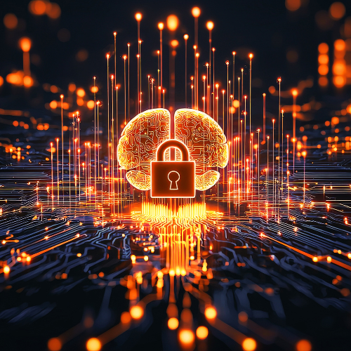 Digital brain and padlock symbol, surrounded by glowing data streams