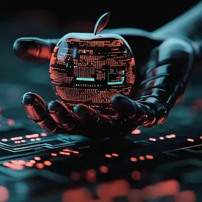 Glowing Red circuit board shaped like apple held in black gloved hand