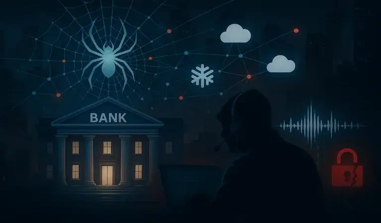 Scattered Spider attack concept; bank, spider, hacker icons-1