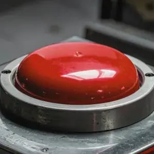 Shiny red button on metallic surface