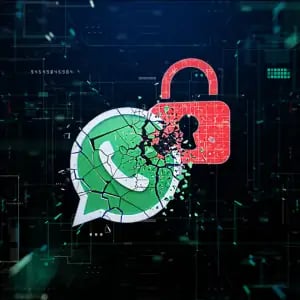 Breach concept; Broken WhatsApp logo and red padlock